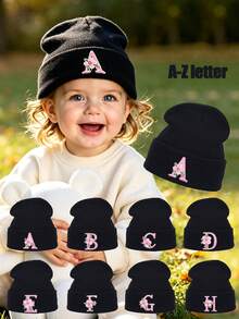 1pc Baby Knitted Warm Hat, 26 Letters Knitted Cap, Toddler Winter Hat, Unisex Boys & Girls Knitted Elastic Beanie - Black - View 1