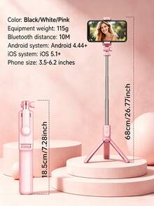 Bluetooth Extendable Tripod Selfie Stick, Rotatable Phone Holder, Wireless Remote Control, Suitable For Smartphones, Live Streaming, Photography, Videography, Travel, Outdoor Activities, Vlogging, Family Gatherings, Party Shooting - Baby Pink - View 11