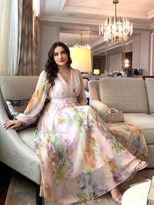 Plus Size Women's New Elegant Romantic Floral Patchwork Design Swing Dress Vacation - Apricot - View 1
