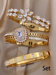 1Pc/Set Luxury Elegant Floral Geometry Diamond Stainless Steel Bangle Bracelet For Women,Party,Daily,Christmas,Birthday Gift/Wedding/Halloween - Multicolor - View 13