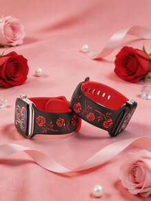 1條玫瑰雕花相容錶帶 41mm 40mm 44mm 45mm 42mm 38mm 49mm 46mm 女款，浪漫精緻花卉錶帶，柔軟矽膠運動錶帶，相容於 Series SE 11 10 9 8 7 6 5 4 3 2 1 Ultra，時尚玫瑰智慧手錶錶帶 - 黑色配紅玫瑰 - 查看 3