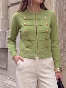 Women's Green Military Style Knitted Cardigan Sweater, Gold Buttons, Long Sleeve High Elasticity Pullover, Suitable For Autumn/Winter Wear - Green - View 3