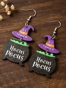 1 Pair European & American Vintage Double-Layer Wooden Earrings, Halloween Witch Hat & Magic Cauldron Fun Text Earrings - Black - View 2