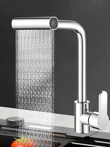 Stainless Steel Kitchen Faucet With Waterfall Function, Single Handle 4-Mode Hot & Cold Water Tap, High Arc Spout With 360° Swivel, Dual Control Handle Anti-Splash Design, Modern Bohemian Style, Durable Stainless Steel Material, Single Hole Installation, Includes Installation Hardware, Perfect For Kitchen And Bathroom Sinks, Essential Modern Home Accessory, Ideal Holiday Gift And Home Renovation Choice - Silver - View 10