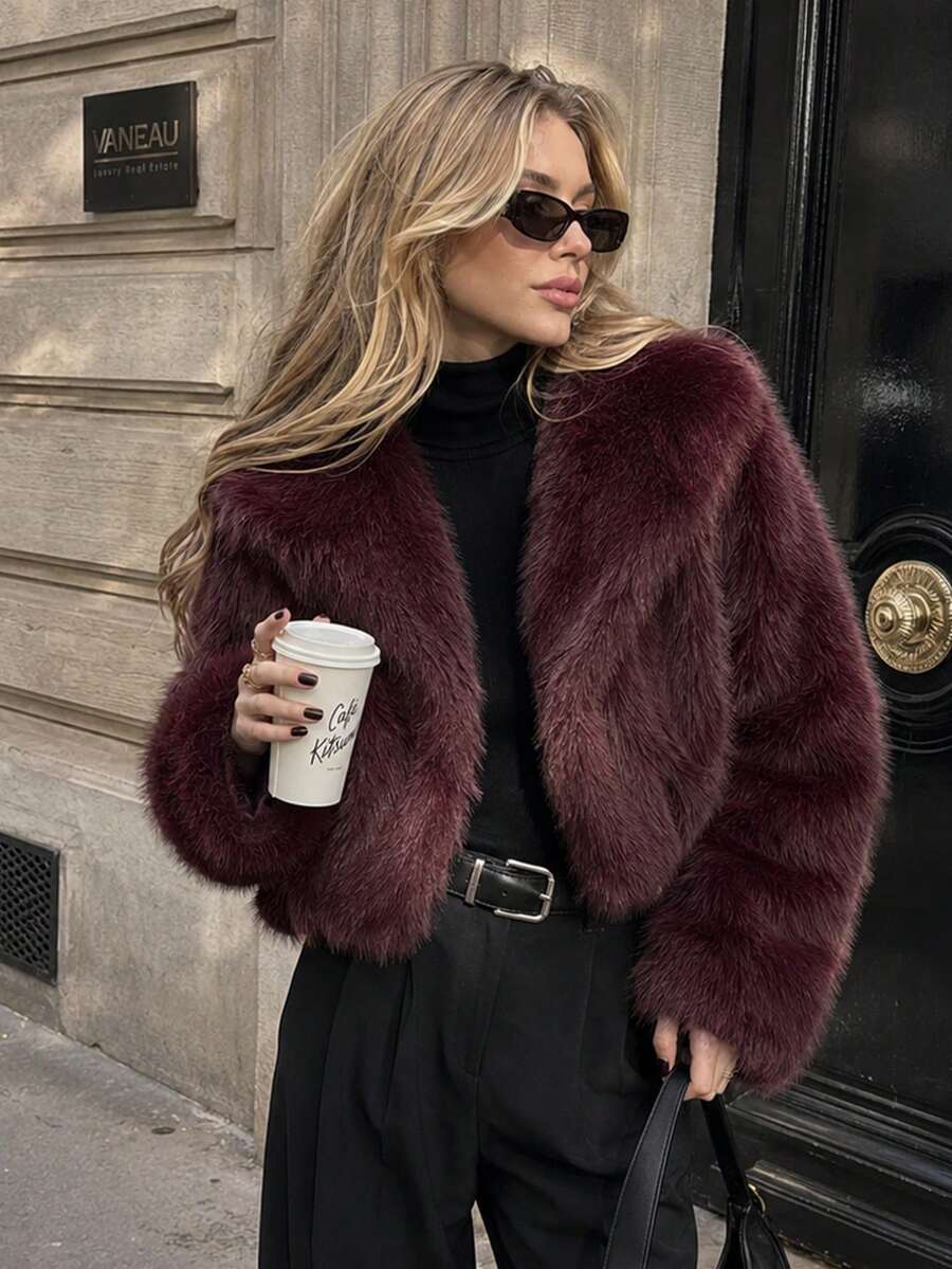 HH 女款素色人造毛皮外套長袖保暖冬季外套時尚翻領寬鬆休閒上衣