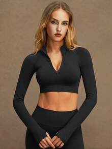 VVX Women Workout Crop Top Half Zip Up Mock Neck Long Sleeve Thumb Holes Yoga Shirt Slim Fit Solid Color Seamless Active Sports Gym Tops - Black - View 7