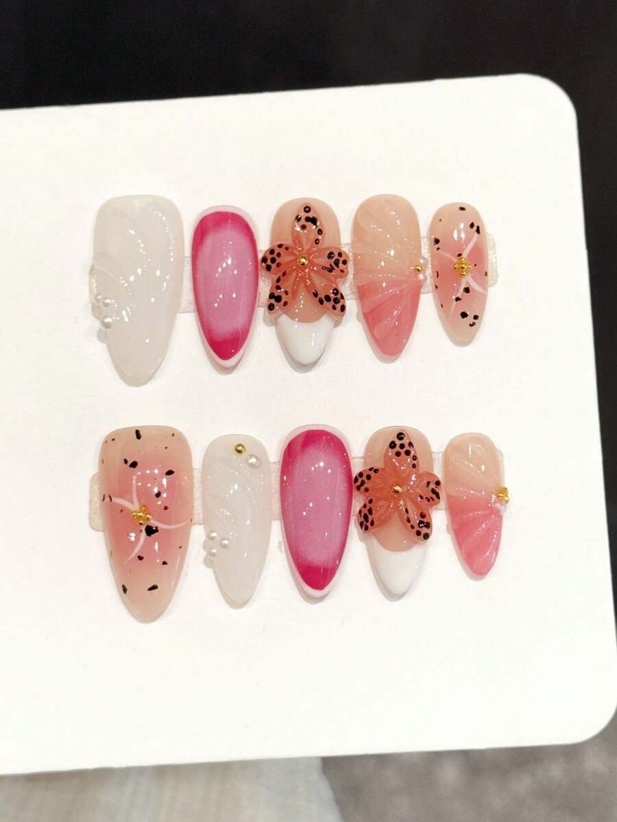 10pcs Handmade Medium Almond Shaped Nail Tips, Exquisite Fake Nails, [Floral Pink Ink] Splatter Decorated 3D Flowers, Fresh Carved Gentle Handmade Nail Stickers, Suitable For Women's Daily Wear Medium-Long Handmade Press-On Nails