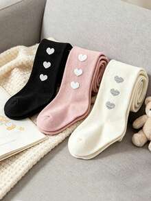 3 Pairs Kids Heart Print Tights, Breathable Solid Color 2-3Y Girls Daily Dress Matching Tights - Multicolor - View 8