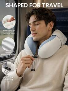 Portable Memory Foam Travel Neck Pillow With Hood, Ice Silk Touch Cover, Adjustable Drawstring, Suitable For Airplane, Car, Train And Office Nap - Multicolor - View 3