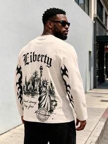 Plus Size Men's Graphic Long Sleeve Top, Urban Flame Sleeve Design With Face-Covering Goddess Portrait And Lettering, Regular Casual Pullover - Champagne - View 3