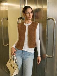 Women's Spring Round Neck Vintage Embroidered Suede Vest Summer - Brown - View 3