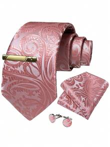 Paisley Watermelon Pink Necktie Pocket Square Cufflinks Tie Clip 4pcs Kit For Bridesmaid Party & Birthday Fine Dining - Watermelon Pink - View 1