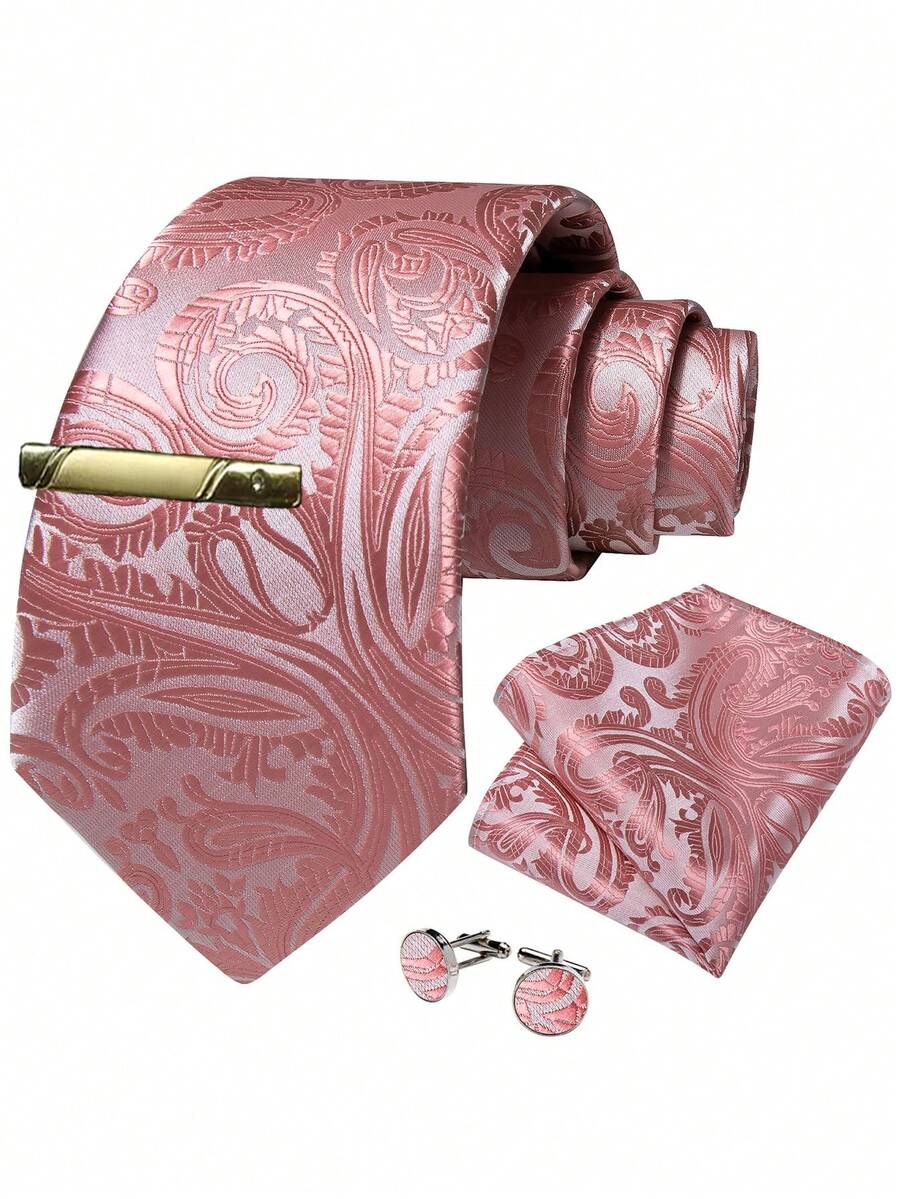 Paisley Watermelon Pink Necktie Pocket Square Cufflinks Tie Clip 4pcs Kit For Bridesmaid Party & Birthday Fine Dining - Watermelon Pink - View 1