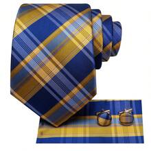 Blue Yellow Plaids Necktie Pocket Square Cufflinks Tie Clip 4pcs Pack For Business Conference & Trade Show Reception Event - Blue - View 2