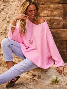 Women's Plus Size Cold Shoulder Batwing Sleeve Knit Sweater, Loose Fit Ribbed Pullover, Casual Streetwear Vacation Outfit For Autumn/Winter - Pink - View 2