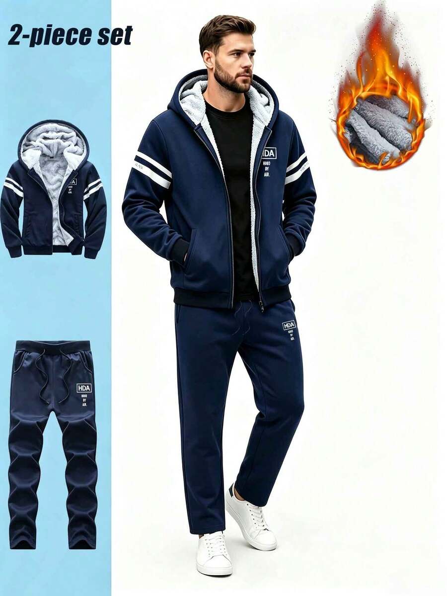 Men's 2-Piece Sports Set, Fleece Lined Zip-Up Hooded Jacket, Sweatpants, Striped Sleeve Letter Print Casual Sports Outfit - Navy Blue - View 1