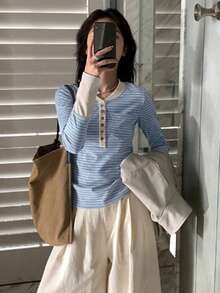 Women's Design Button Henley Collar Long Sleeve T-Shirt, Spring/Autumn New Vintage Contrast Color Striped Base Layer Slim Fit Top (Random Stripes) - Blue - View 2