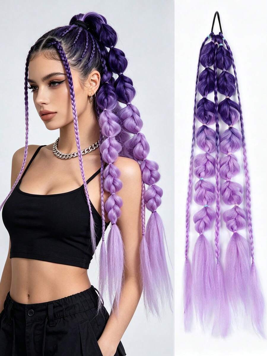 Ombre Gradient Bubble Braids Ponytail Hair Extension, Thin Side Braided Lantern Braid, Y2K Rave Festival Fake Hair Pieces With Elastic Hair Tie