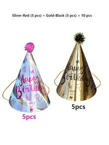 10pcs Metallic Color Happy Birthday Cone Paper Party Hats With Pom Poms, Gold And Laser Silver Printed Birthday Hats With Elastic Cord, Birthday Party Decoration Photo Props, For Celebration Events - Birthday Hat - View 11