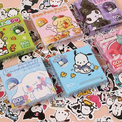 SANRIO 63pcs Kuromi KT Cat Leo Stickers, Creative Highly Attractive Image Stickers For Children's Planner, Boxed, Multiple Pattern Options, Suitable For Handmade Enthusiasts, Rich And Clear Patterns, Decorate Planner Notebook, Daily Decoration Sticker Material