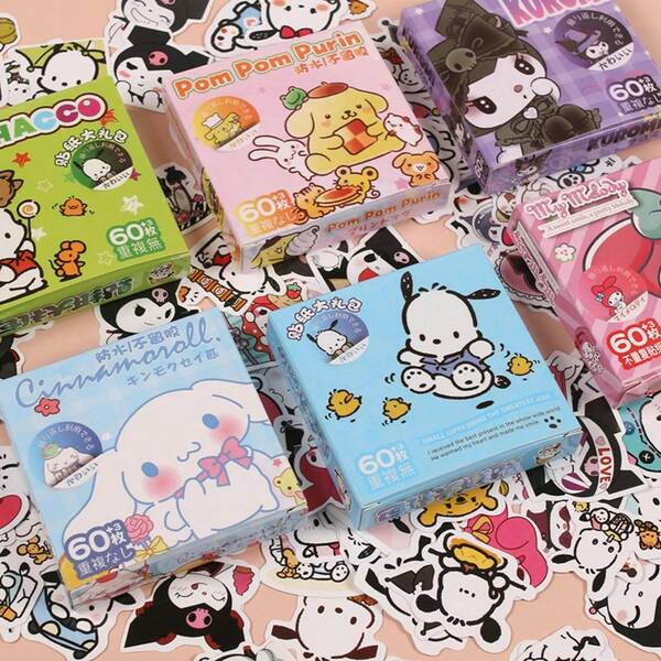 SANRIO 63pcs Kuromi KT Cat Leo Stickers, Creative Highly Attractive Image Stickers For Children's Planner, Boxed, Multiple Pattern Options, Suitable For Handmade Enthusiasts, Rich And Clear Patterns, Decorate Planner Notebook, Daily Decoration Sticker Material
