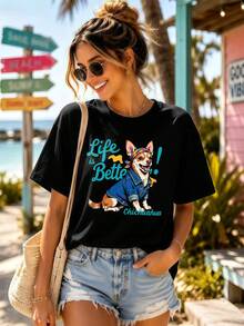 Chihuahua Print T-Shirt, Autumn, Crew Neck, Loose Fit, Street Hip-Hop, Comfortable, Unique Graphic Print - Black - View 1