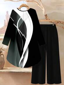Plus Size Women's Fashion Printed Striped Color Block Asymmetric Front Short Back Long Top With Pockets And Long Pants 2 Pieces Set Elegant Black - Black - View 2