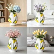 1pc 3D Lemon Embossed Ceramic Vase, White Wavy Edge, Decorative Vase, Home Tabletop Centerpiece - Multi-color - View 8