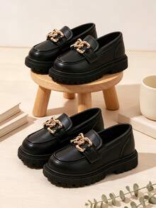 Fashionable And Avant-Garde Children's Loafers With Eye-Catching Metal Chain Decor And Thick Soles - Black - View 5