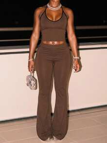 LovelyWholesale Setelan Dua Potong Wanita Kasual Model Halter Neck Warna Polos Tanpa Punggung, Atasan dan Celana, Pakaian Musim Panas Elegan untuk Wanita - Coklat - View 9