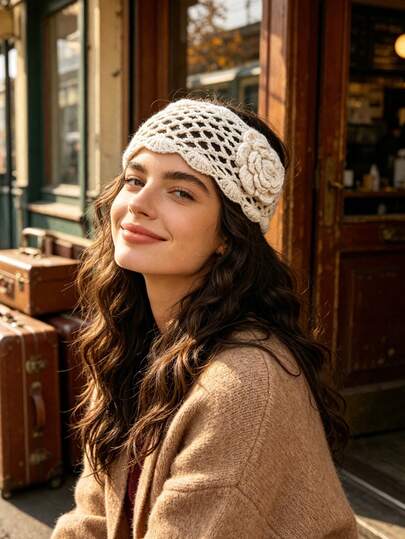 1Pc Bohemian Weave Women's Wide Headband, Hollowed Out Elastic Headband, Headwear For Women's Travel, Vacation And Daily Wear