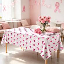 4-Piece/1-Piece Pink Bow Tablecloth Set With A Breast Cancer Theme, 54 X 108 Inches Disposable Tablecloth, Perfect For Girls' Birthdays, Weddings, Breast Cancer Theme, Engagement Or Bachelorette Party Decorations - Multicolor - View 1