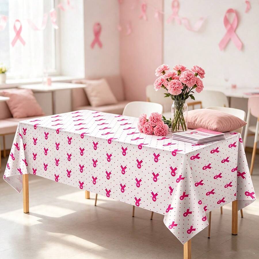 4-Piece/1-Piece Pink Bow Tablecloth Set With A Breast Cancer Theme, 54 X 108 Inches Disposable Tablecloth, Perfect For Girls' Birthdays, Weddings, Breast Cancer Theme, Engagement Or Bachelorette Party Decorations - Multicolor - View 1