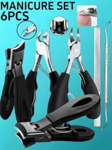 6pcs Ingrown Toenail Care Set - Wide Mouth Large Angle Nail Clipper Suitable For Thick Nails, Includes Nail File And Foot Care Tools, Black Long Handle Nail Clipper, Unisex Manicure & Pedicure Set, Suitable For Halloween, Christmas Gifts - Multicolor - View 2