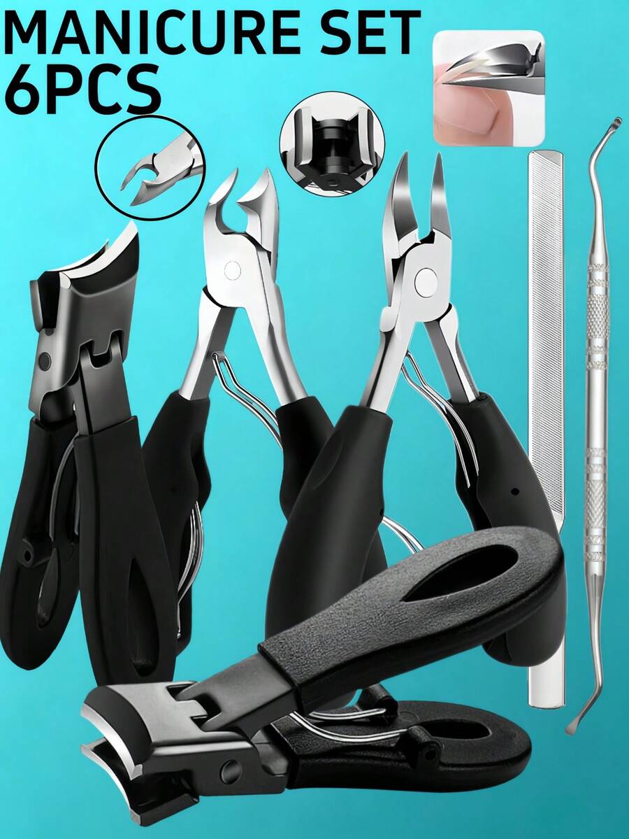 6pcs Ingrown Toenail Care Set - Wide Mouth Large Angle Nail Clipper Suitable For Thick Nails, Includes Nail File And Foot Care Tools, Black Long Handle Nail Clipper, Unisex Manicure & Pedicure Set, Suitable For Halloween, Christmas Gifts
