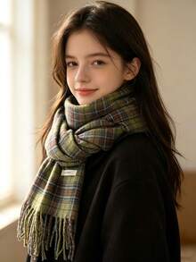Elegant Green Plaid Scarf With Tassels - Soft & Warm Polyester Shawl For Teens | Hand Washable & Windproof | Perfect For Outdoor Fashion, Non-Deforming, Highly Decorative - Multicolor - View 2