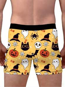 1pc Men's Halloween Style Boxer Briefs, Cartoon Pattern Ghost, Pumpkin, Black Cat, Bat, Spider, Witch Hat Elements All-Over Print, Soft Elastic Fabric, Suitable For Close-Fitting Wear. Holiday Themed Gift Underwear - Orange - View 3