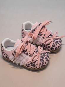 Vintage Leopard Print Patchwork Kids' Lace Trim Double Strap Princess Style Baby Soft Sole Functional Shoes - Pink - View 3