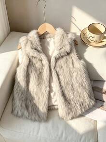 Apricot Minimalist Multi-Functional Stand Collar Sleeveless Faux Fur Jacket, Suitable For Autumn/Winter Girls Wear - Apricot - View 3