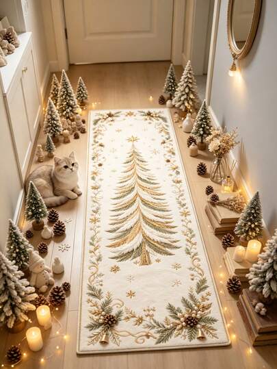 1 Adet Altın Rengi Noel Ağacı Desenli Runner Halı, Koridor İçin Uzun Halı, Alan Halısı, Oturma Odası Ev Dekoru, Oda Süslemesi, Yıkanabilir Halı, Noel Hediyesi