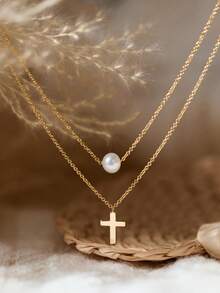 2pcs Set Elegant Minimalist Pearl Cross Pendant Layered Necklace, Double Thin Chain Choker Necklace, Women's Fashion Wedding Birthday Daily Religious Jewelry - Gold - View 3