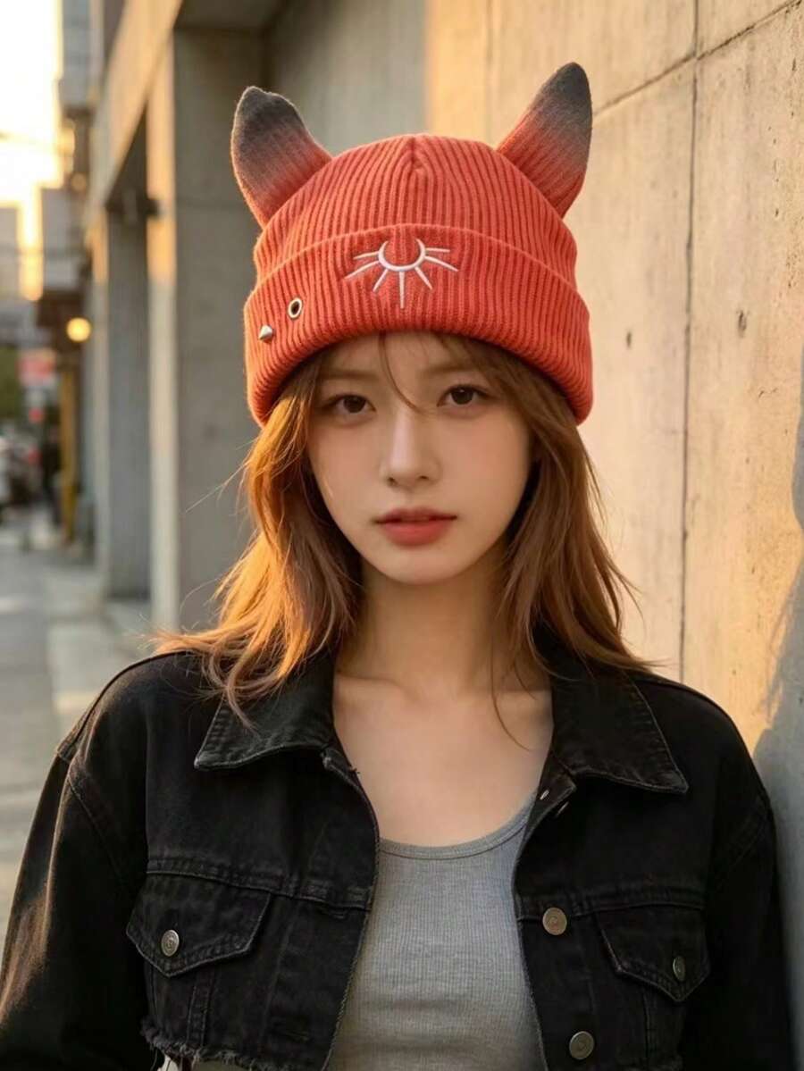 Autumn/Winter Thermal Lined Woolen Hat, Warm Thick Knitted Beanie For Women, Fashion Versatile Double Layer Ear Protection Cold-Proof Hat, Personalized Bohemian Casual Elegant Street Style, Polyester Fiber Applique Embroidery Jacquard Hat, Gradient Cat Ear Embroidered Knitted Hat, Rivet Woolen Hat, Fashion Christmas Gift - Red - View 1