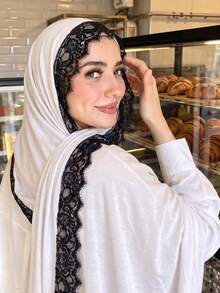 1pc New Silk Cotton Lace Scarf, Women's Muslim Hijab, Daily Soft Breathable Long Scarf, Elegant Headscarf, Versatile Elastic Shawl - Multicolor - View 19