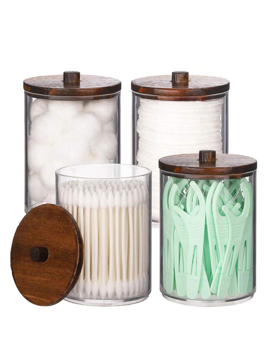 4pcs Set With Bamboo Lid Dispenser Jars, Suitable For Cleaning Swabs, Round Cotton Pads, Floss Picks, 10oz Clear Plastic Apothecary Jars Set, Bathroom Storage Containers, Vanity Cosmetic Organizer Boxes - Multicolor - View 1