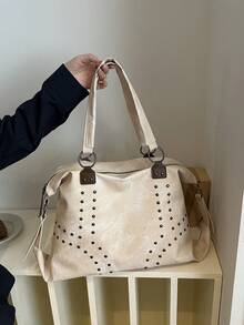 Fashion Solid Color Large Capacity Commuter Practical Handbag, Elegant Versatile Rivet Inlaid Textured Women's Shoulder Bag, Suitable For Shopping, Wallet, Shopping, Young Women, College Students, Newcomers, White-Collar Workers. They Are Perfect For Office, University, Work, Business, Commuting, Outdoor Activities, Travel And Outings - Beige - View 5