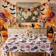 1/2pcs Halloween Tablecloth, Cute Pumpkin Bat Star Flower Pattern Polyester Tablecloth, Suitable For Kitchen Dining Room Coffee Table Dining Table Picnic Camping Country Farmhouse Decor Tabletop Protection Holiday Arrangement - Multicolor - View 2