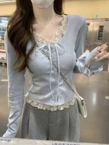 Women's Light Blue Knitted Long Sleeve Top, 2 In 1 Lace Trim, Tie Front, Round Neck Regular Fit Blouse, Cute Style Pullover - Baby Blue - View 9