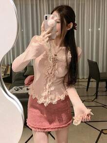 女款法式蕾絲飾邊修身長袖開襟針織衫，秋冬款，甜美風格，適合日常穿著與約會，長袖上衣 - 粉色 - 查看 2