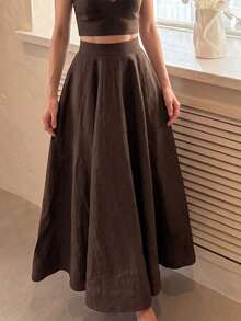 Rok Midi Lebar dengan Detail Jahitan Pinggang Tinggi, Rok Panjang Model Terompet A-Line Elegan, Musim Gugur/Dingin - Cokelat tua - View 2