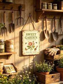Papan Tanda Logam Vintage "Sweet Garden", Dekorasi Dinding Logam Retro dengan Gantungan Tali, Cocok untuk Pagar Halaman, Rumah Pertanian, dan Taman. - Papan Dekoratif Kaleng Antik Sweet Garden - View 5